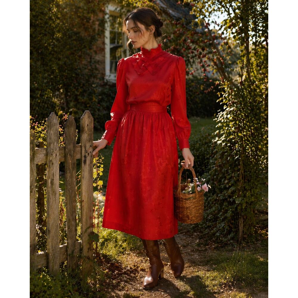 Vintage 70 Koret Red Set Prairie Cottagecore Ruffle Collar Midi Skirt Union Made